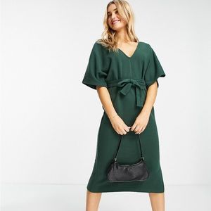 ASOS DESIGN super soft v neck belted midi sweater dress in forest green